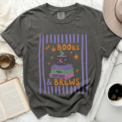 Dark gray t-shirt with "Books & Brews" text and Halloween themed graphics.