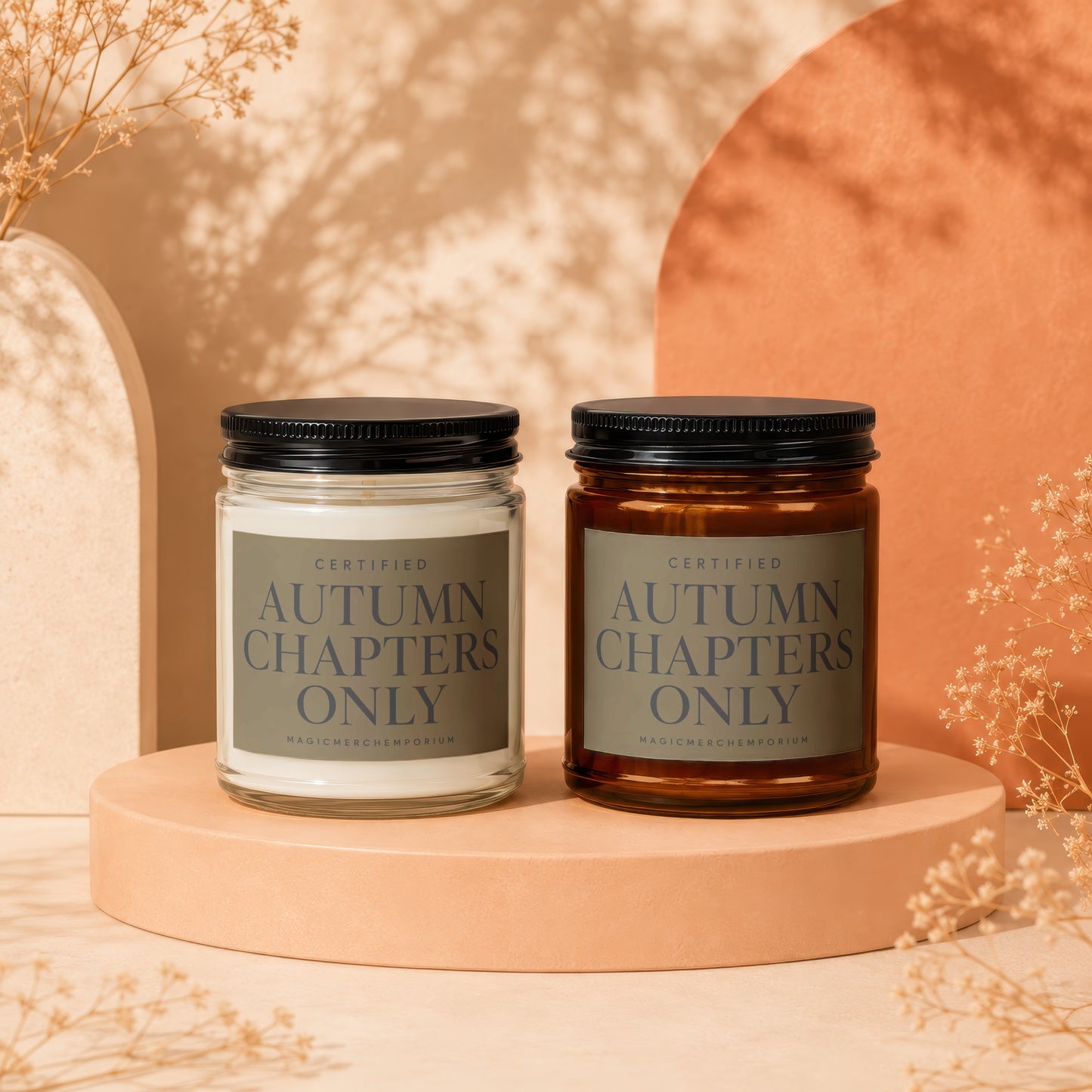 Two candles with black lids and 'Certified Autumn Chapters Only' labels.