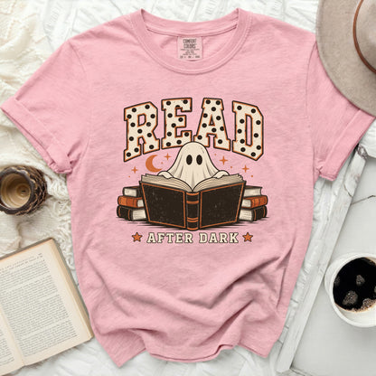 Pink t-shirt with "READ AFTER DARK" graphic featuring a ghost and books.