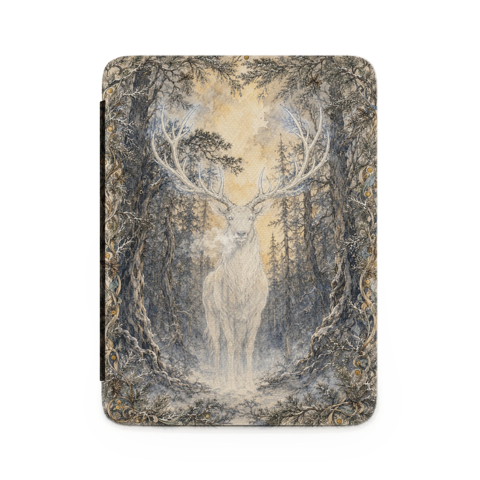 Ethereal white stag with large antlers stands in snowy forest with glowing sunlight.