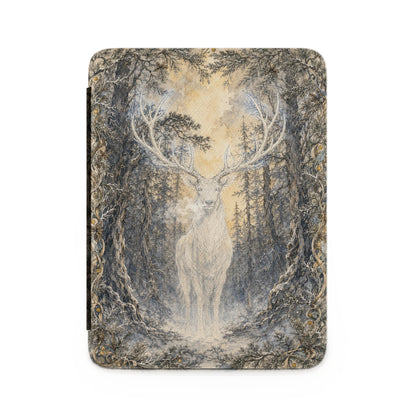 Ethereal white stag with large antlers stands in snowy forest with glowing sunlight.