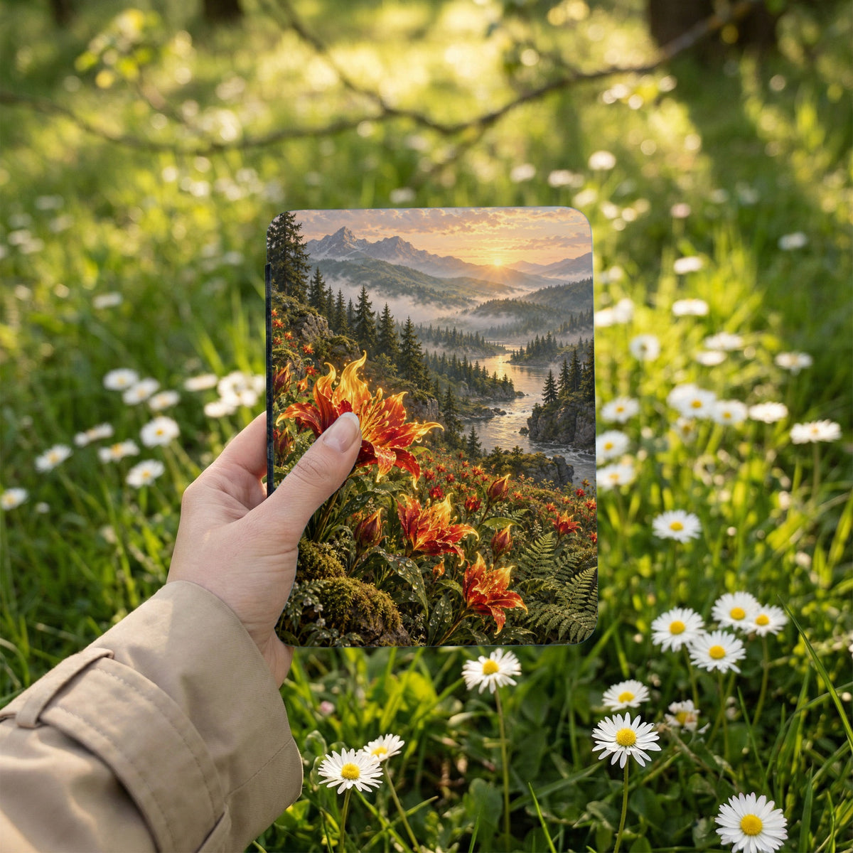 Hand holds a journal with a vibrant mountain landscape and fiery lilies.