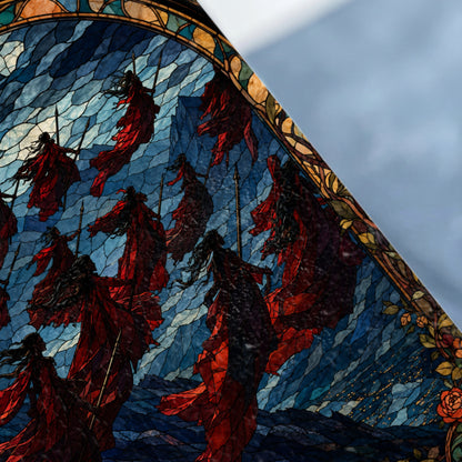 Stained glass panel depicting figures in red robes holding spears against a blue background.