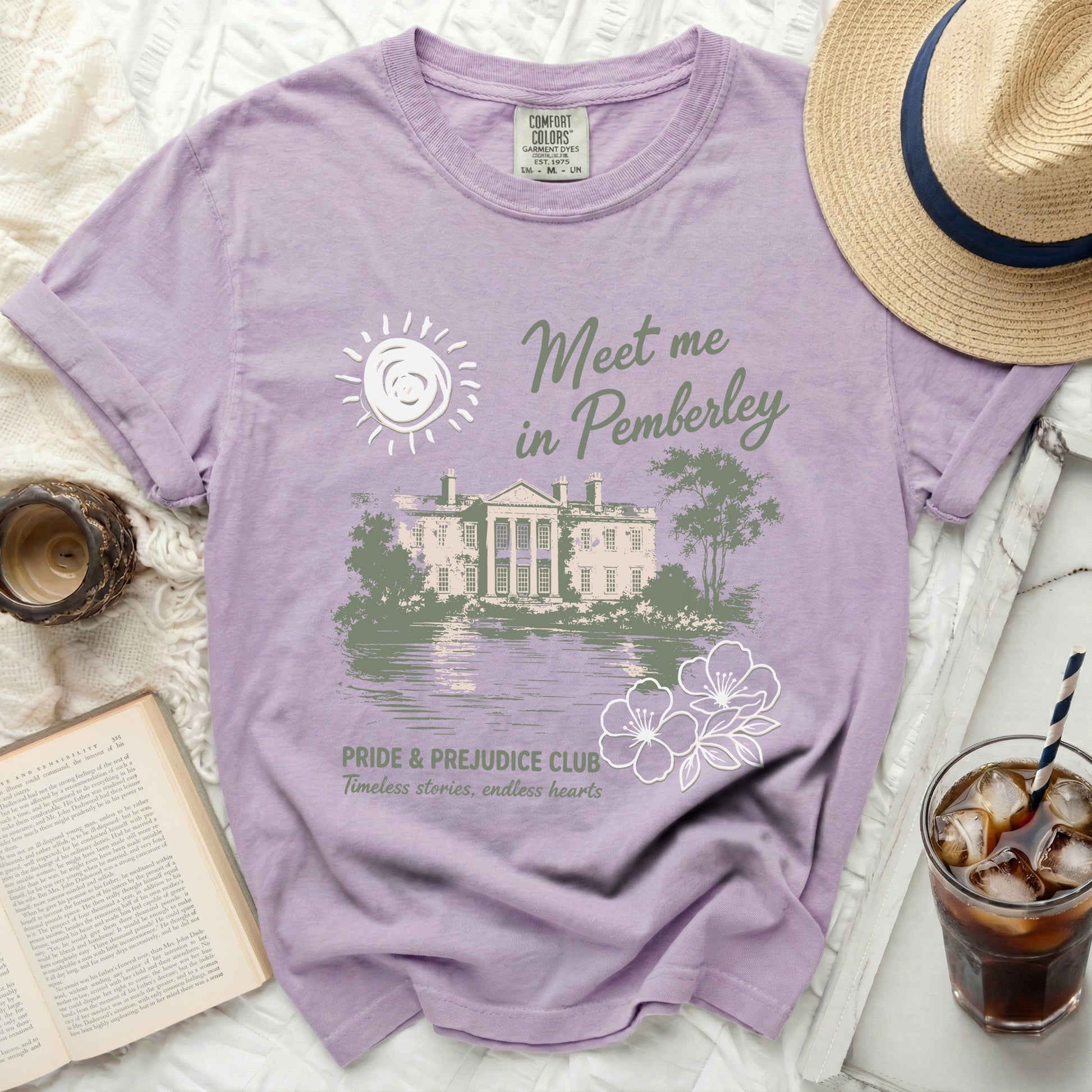 Purple Comfort Colors t-shirt with "Meet me in Pemberley" and "Pride & Prejudice Club" text.