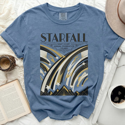 Blue t-shirt with "Starfall Night Court Annual Celebration Velaris" graphic.