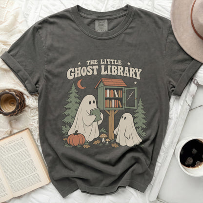 "The Little Ghost Library" graphic on a charcoal t-shirt with ghosts and books.