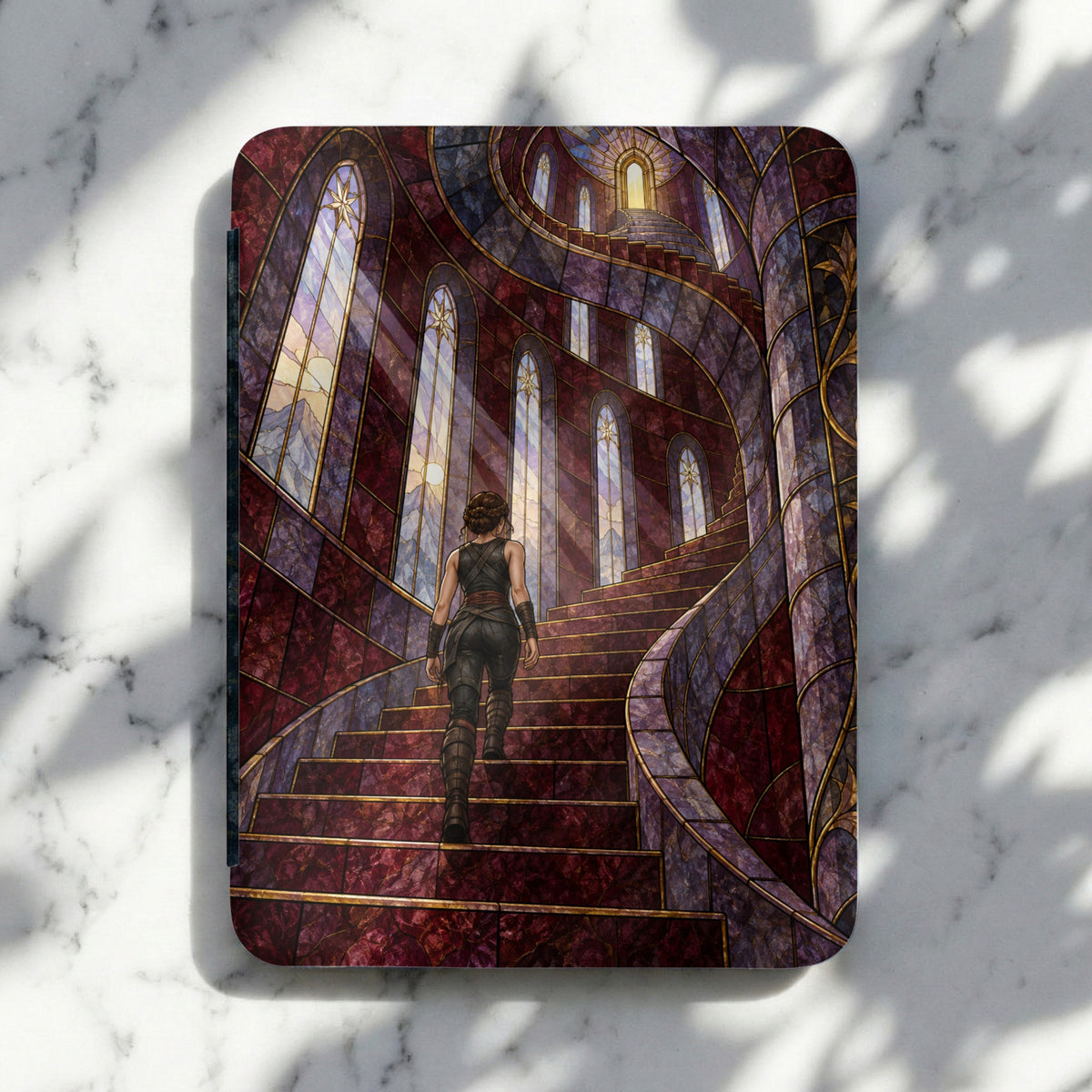 Woman in dark armor ascends a spiral staircase with stained glass windows.
