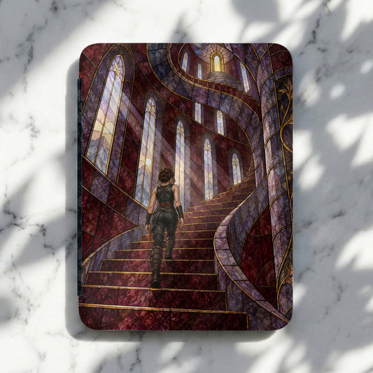 Woman in dark armor ascends a spiral staircase with stained glass windows.