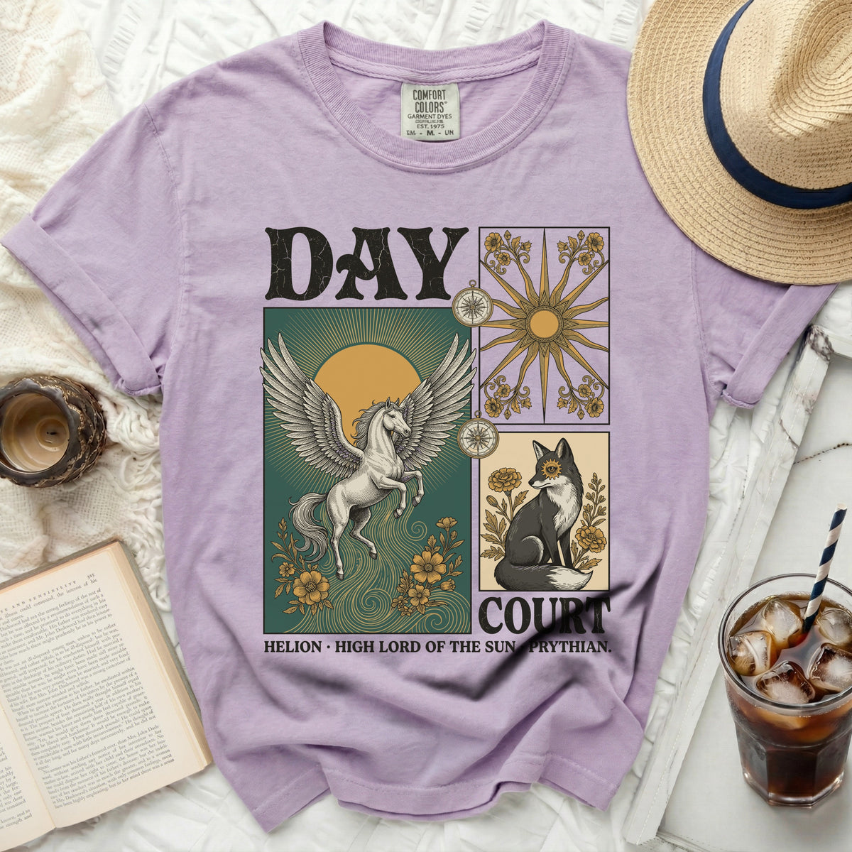 Day Court shirt with Pegasus, fox, sun, and floral motifs.