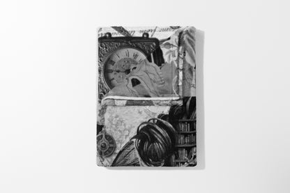 Collage art featuring clock, map, compass, books, and hair elements.