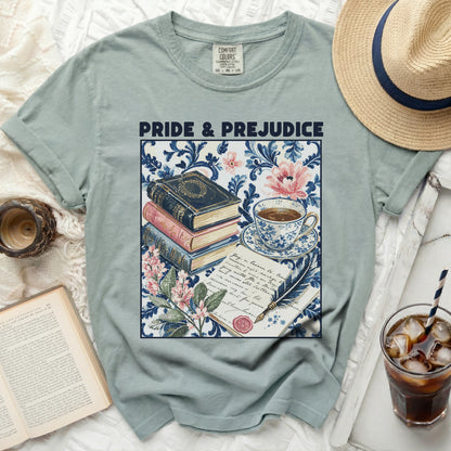 T-shirt with "Pride & Prejudice" graphic featuring books, teacup, and quill.