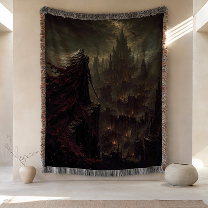 a large tapestry hanging on a wall, depicting a dark, ominous cityscape with a castle-like structure in the background. The tapestry is framed by a fringe, and there are two small vases placed on either side of the tapestry.