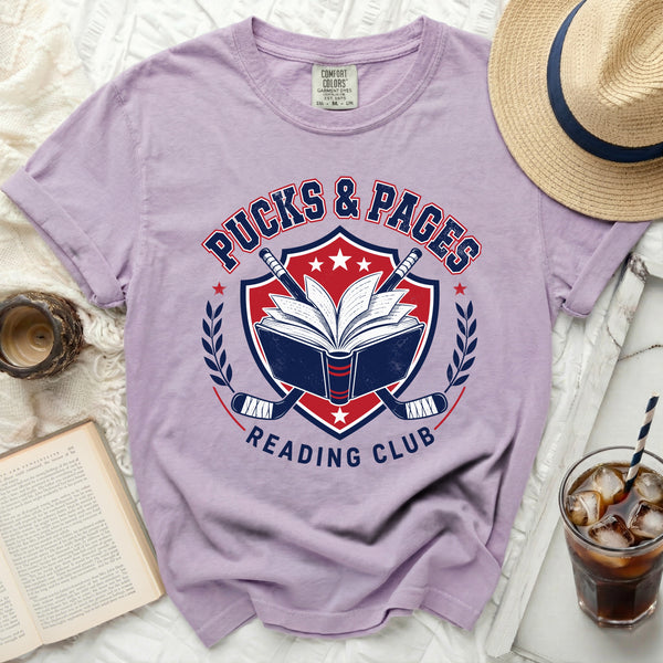 Pucks & Pages Reading Club Hockey Tee in Orchid