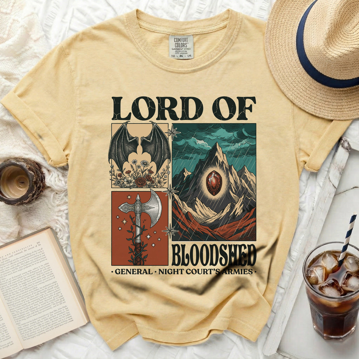 Yellow t-shirt with "Lord of Bloodshed" and fantasy art.