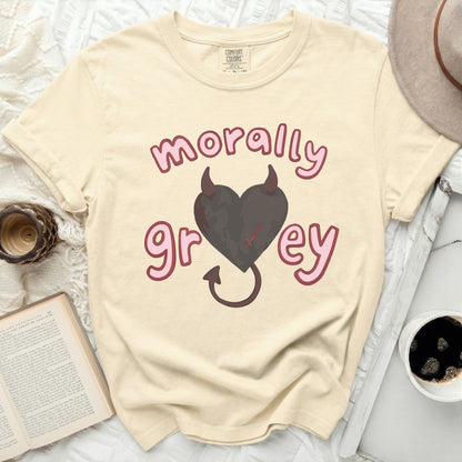 Cream t-shirt with "morally grey" text and a black heart graphic.