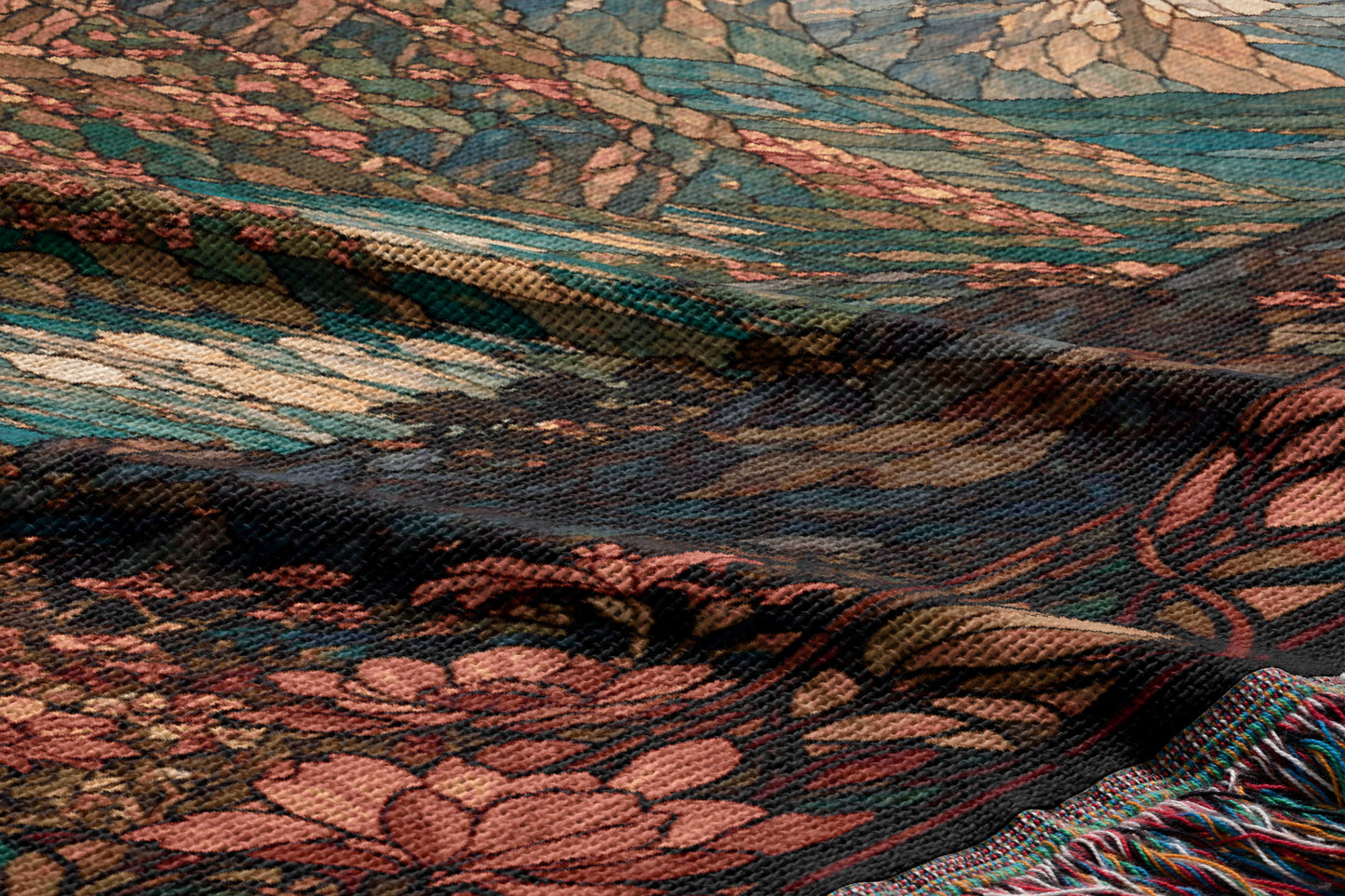 The image is a close-up of a colorful, intricately patterned fabric with a floral design. The fabric appears to be a textile, possibly a blanket or a rug, with a vibrant mix of colors and patterns. The image does not contain any text or other discernible objects or actions.