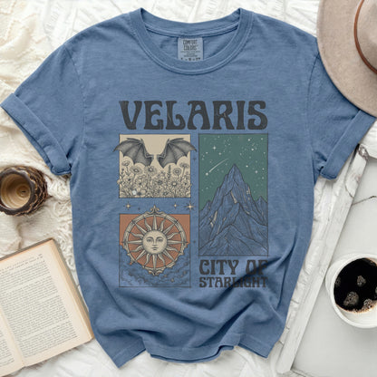 Velaris City of Starlight graphic t-shirt with four panels: bats, mountain, and sun.