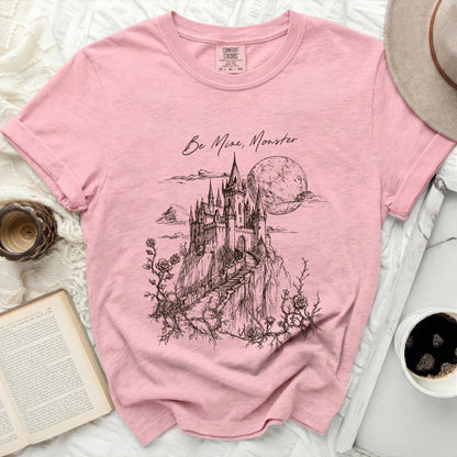 Pink t-shirt with "Be Mine, Monster." castle illustration and roses.