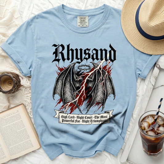 Light blue t-shirt with Rhysand, dragon wings, crown, and lightning graphic.