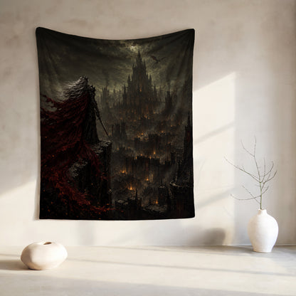 Dark fantasy castle with a cloaked figure and flowing red cape standing on cliff.