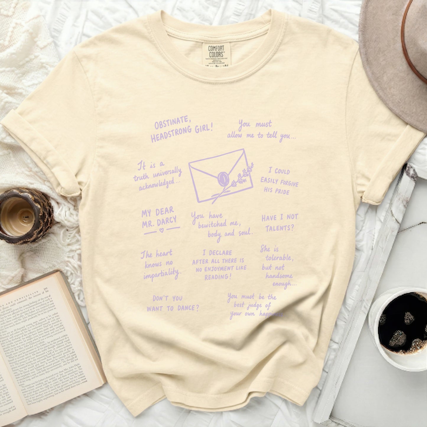 Cream Comfort Colors shirt with purple text featuring Pride and Prejudice quotes.