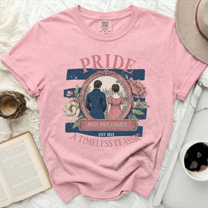 Pink t-shirt with "Pride and Prejudice A Timeless Classic Est 1813" graphic.