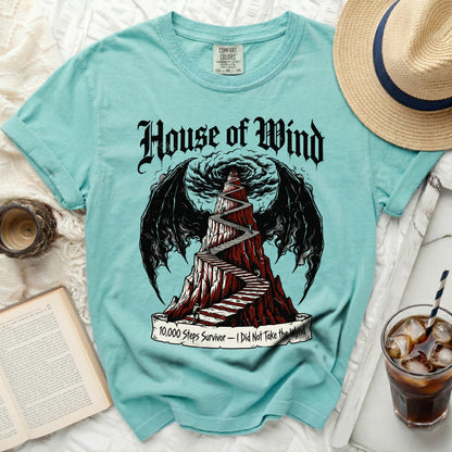 Teal t-shirt with "House of Wind" and winding stairs graphic.