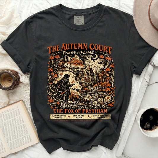Dark t-shirt with "The Autumn Court" fox and castle graphic and text.