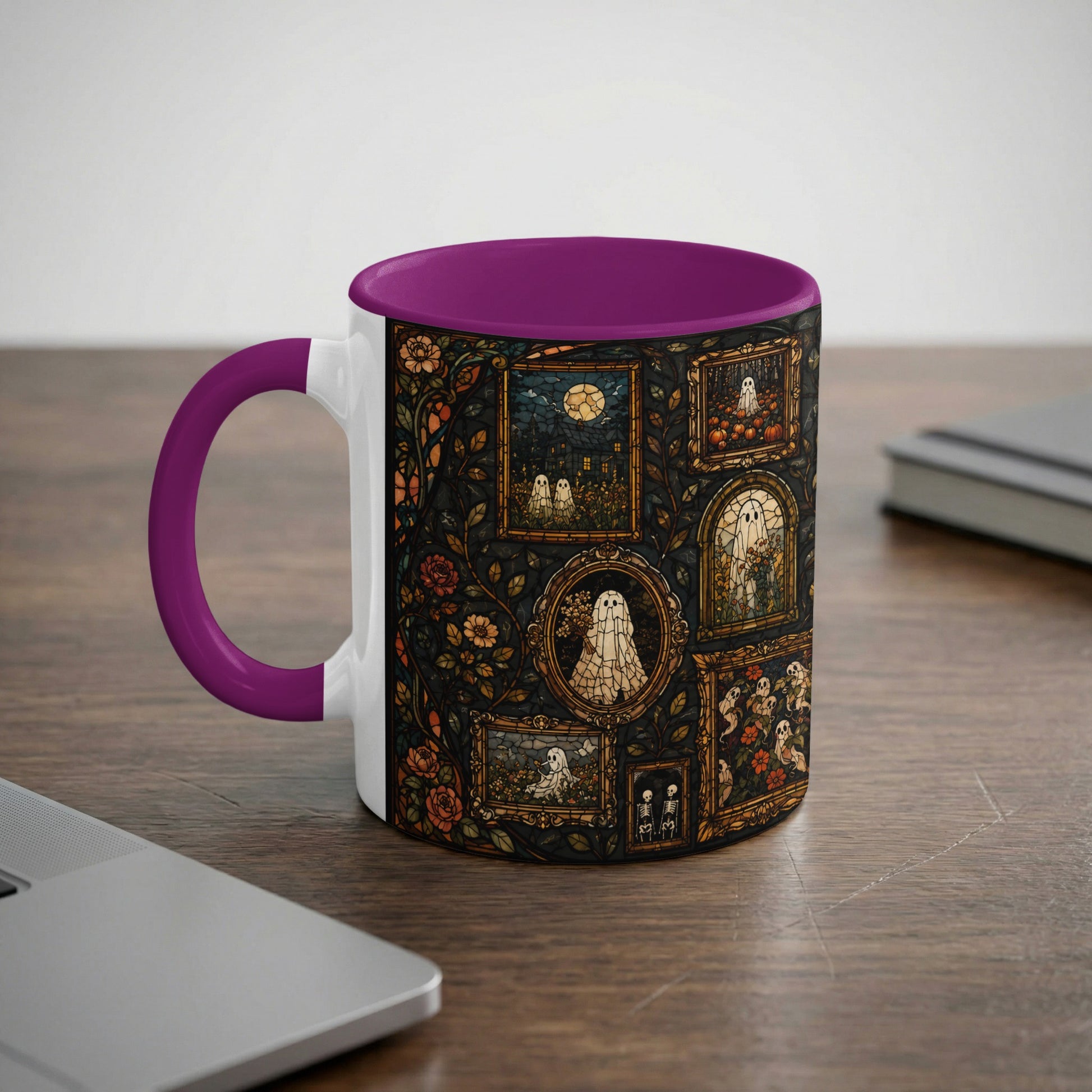 Mug with purple handle featuring stained glass style art of ghosts and pumpkins.