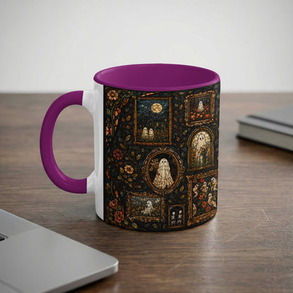 Mug with purple handle featuring stained glass style art of ghosts and pumpkins.
