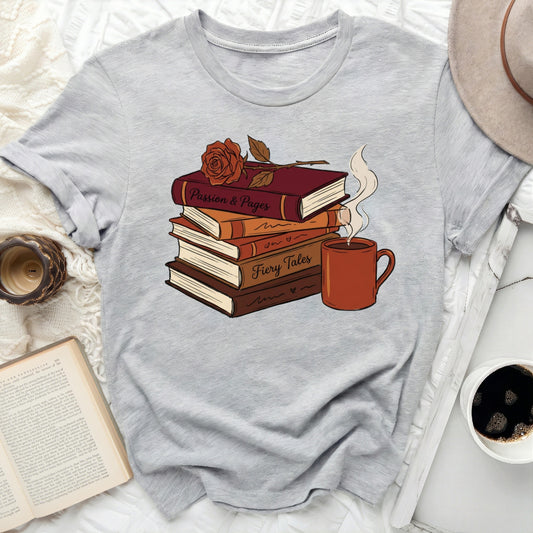 Book Lover Graphic Tee with Stack of Books and Coffee