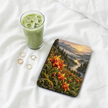 Mousepad with a fiery lily field and mountain river landscape at sunrise.