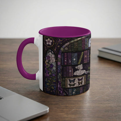 Mug with dark purple handle and interior, featuring stained glass design of books, roses, and butterflies.