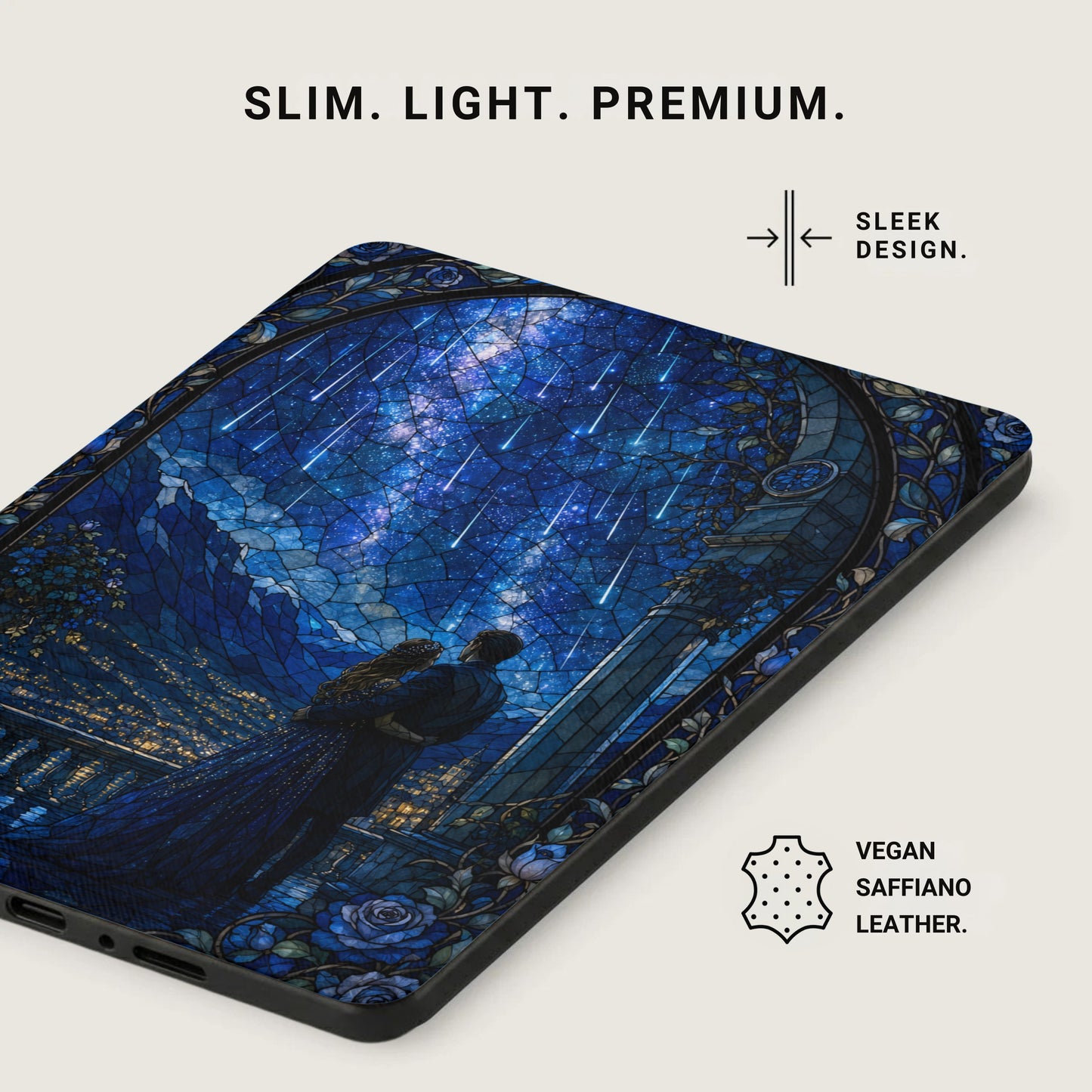 Phone case with a stained glass scene of a couple watching a meteor shower.