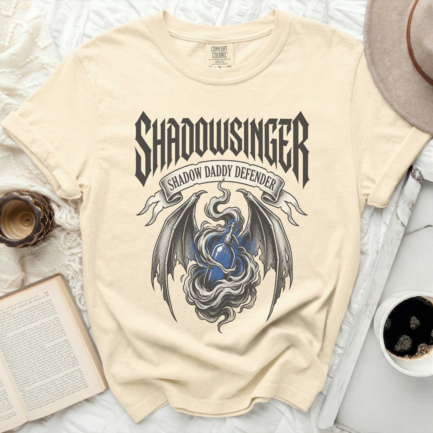 Shadowsinger Shadow Daddy Defender graphic t-shirt with wings.