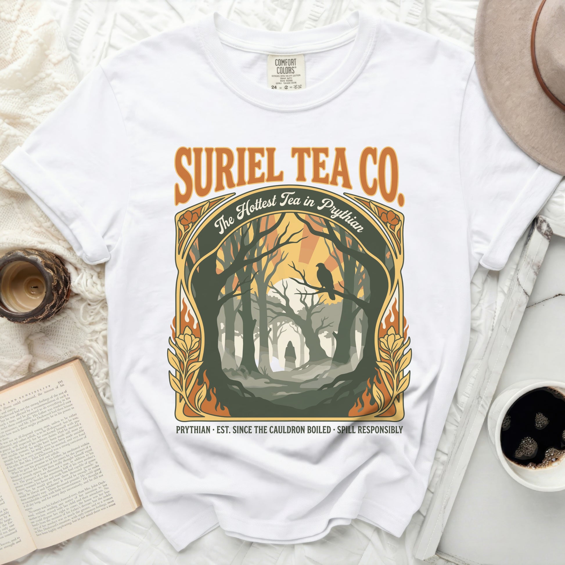 Suriel Tea Co. shirt with a forest scene and the hottest tea in Prythian.