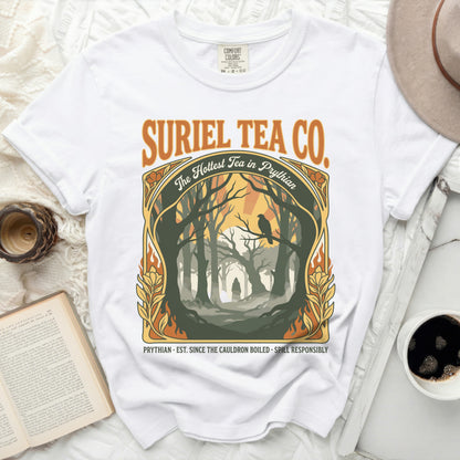 Suriel Tea Co. shirt with a forest scene and the hottest tea in Prythian.