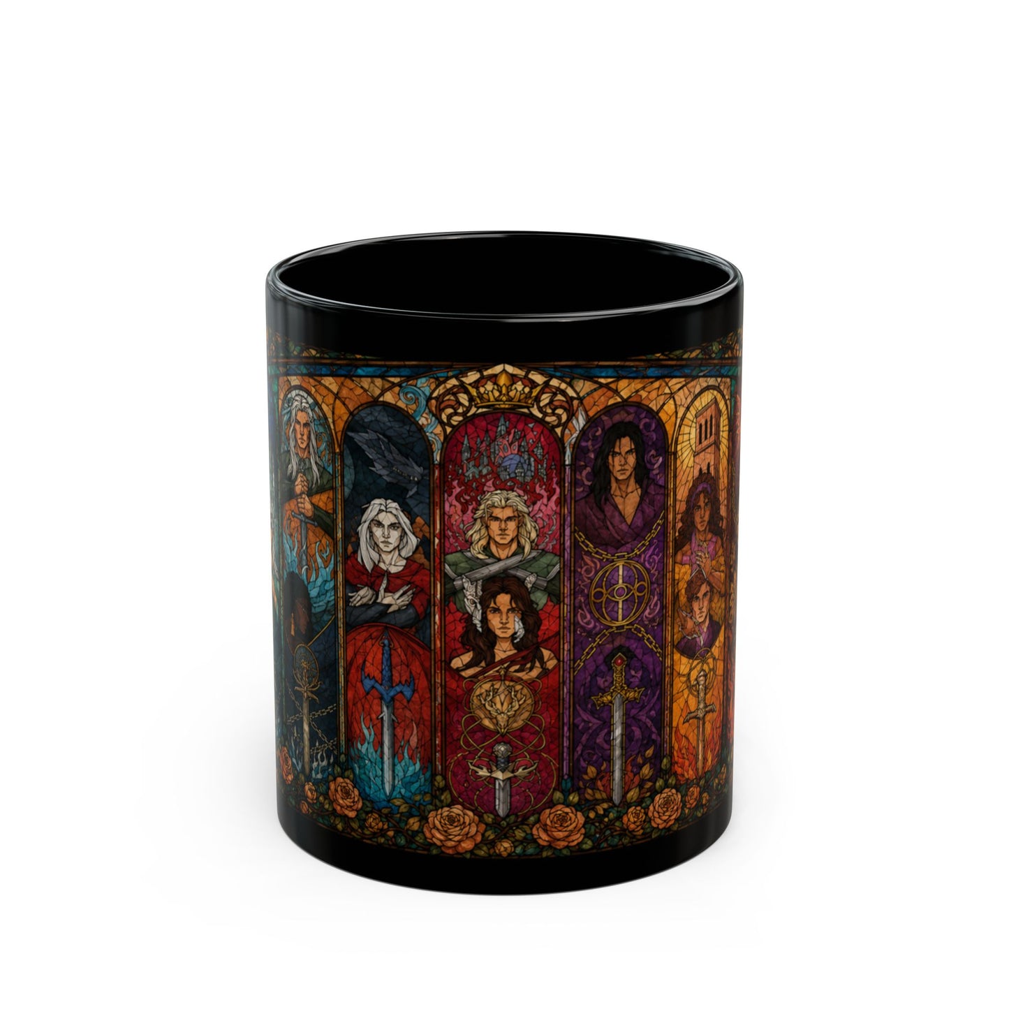 Black mug with a stained-glass design featuring fantasy characters and swords.