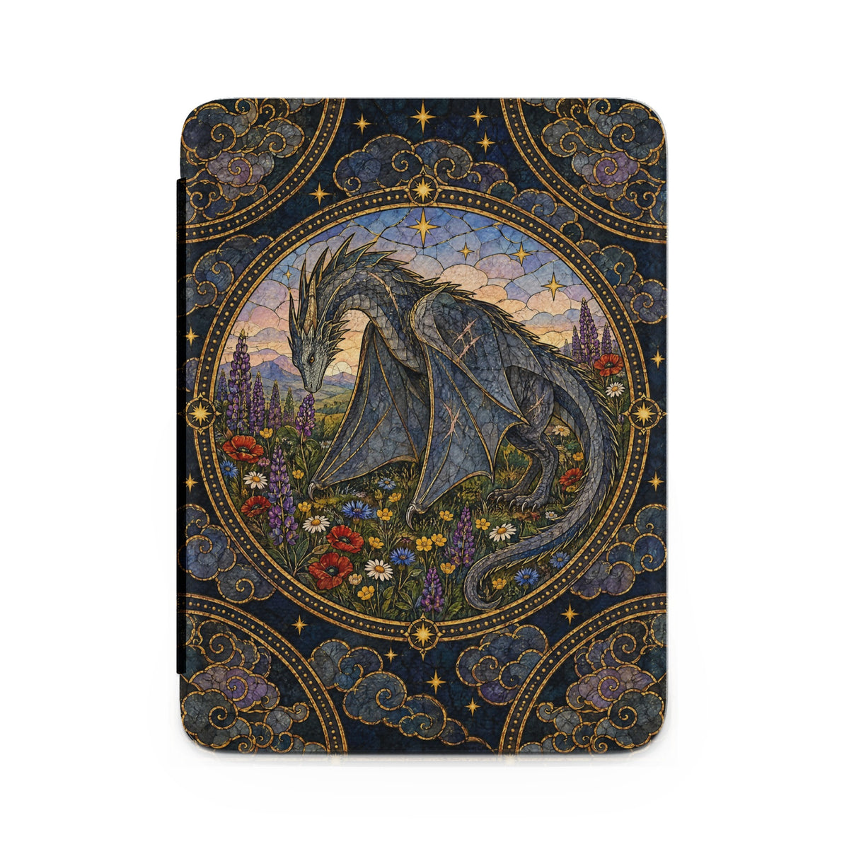 E-reader case featuring a fantasy stained-glass design of a grey dragon standing among wildflowers.