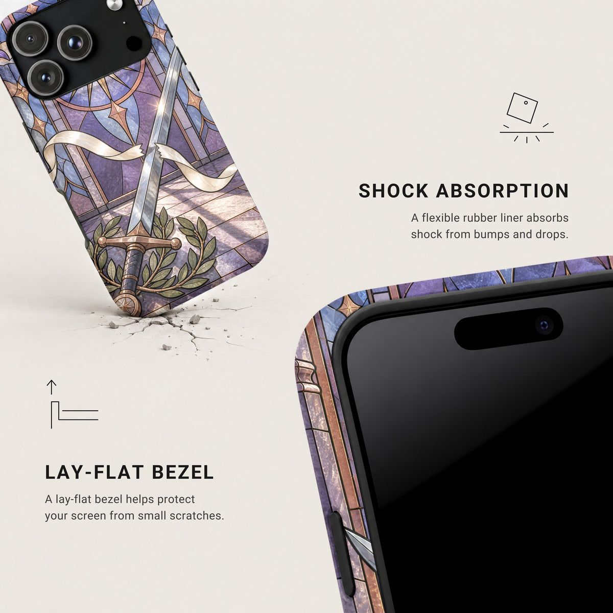 Two views of a phone case featuring a sword and stained glass design, highlighting shock absorption and a lay-flat bezel.