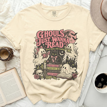 Ghouls just wanna read Halloween graphic t-shirt with ghosts, cat, and books.