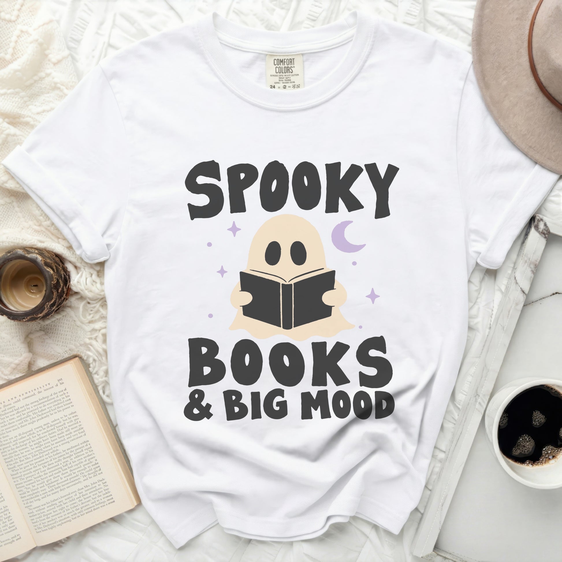 White t-shirt with "Spooky Books & Big Mood" and ghost graphic.