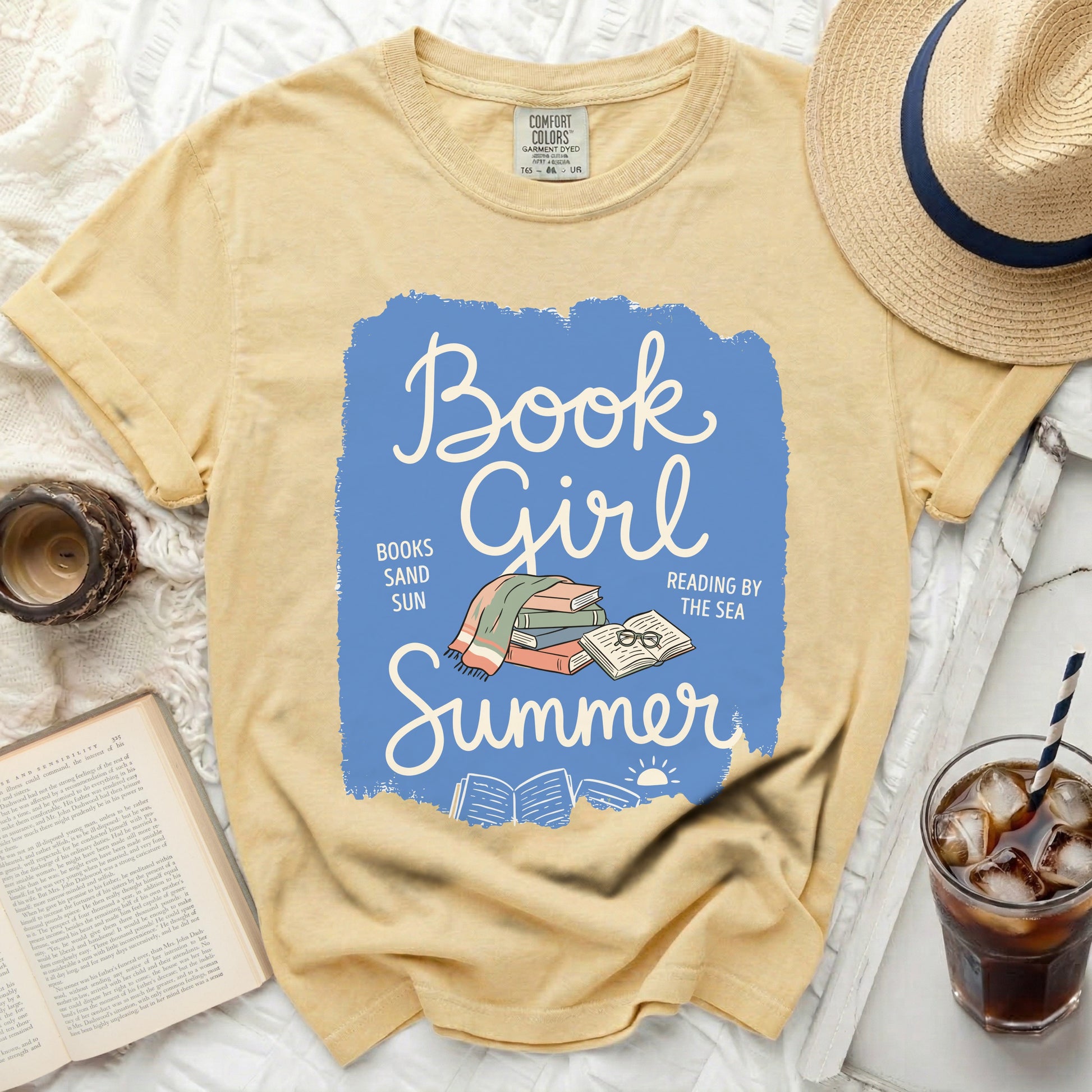 Yellow t-shirt with "Book Girl Summer" and books graphic.
