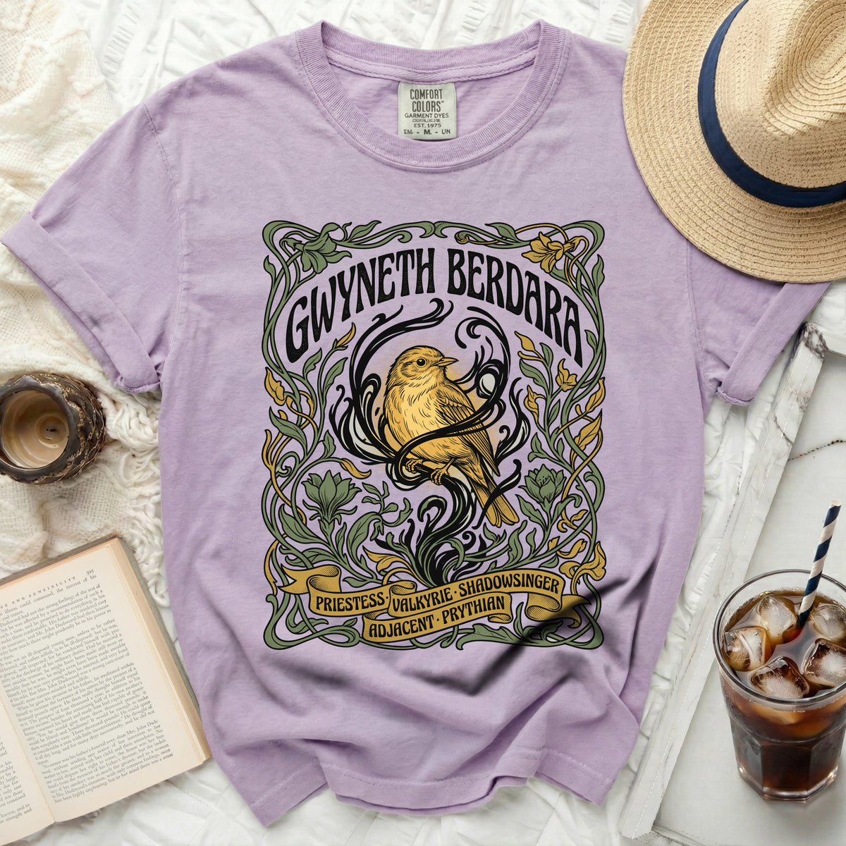 Purple t-shirt with "Gwyneth Berdara" and bird art, "Priestess Valkyrie Shadowsinger Adjacent Prythian".