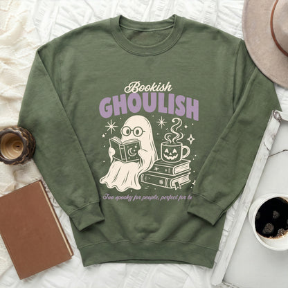 Green sweatshirt with ghost reading book, "Bookish GHOULISH" text, and coffee cup graphic.