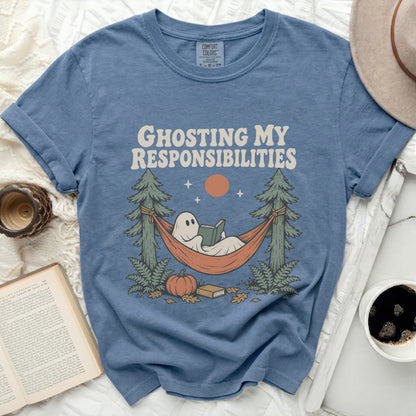 Ghosting My Responsibilities t-shirt with a ghost reading in a hammock.