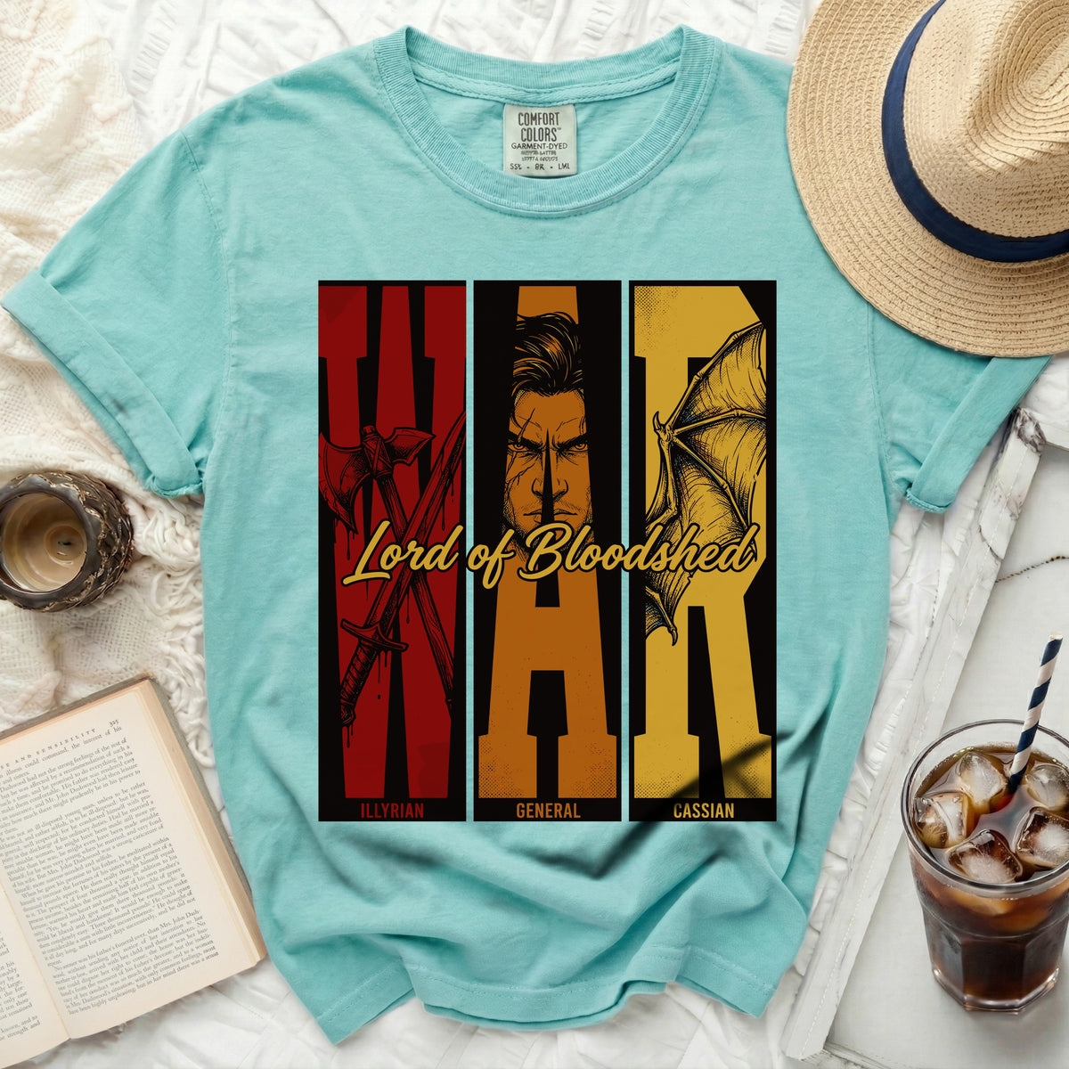 Lord of Bloodshed t-shirt with Illyrian, General, and Cassian graphics.