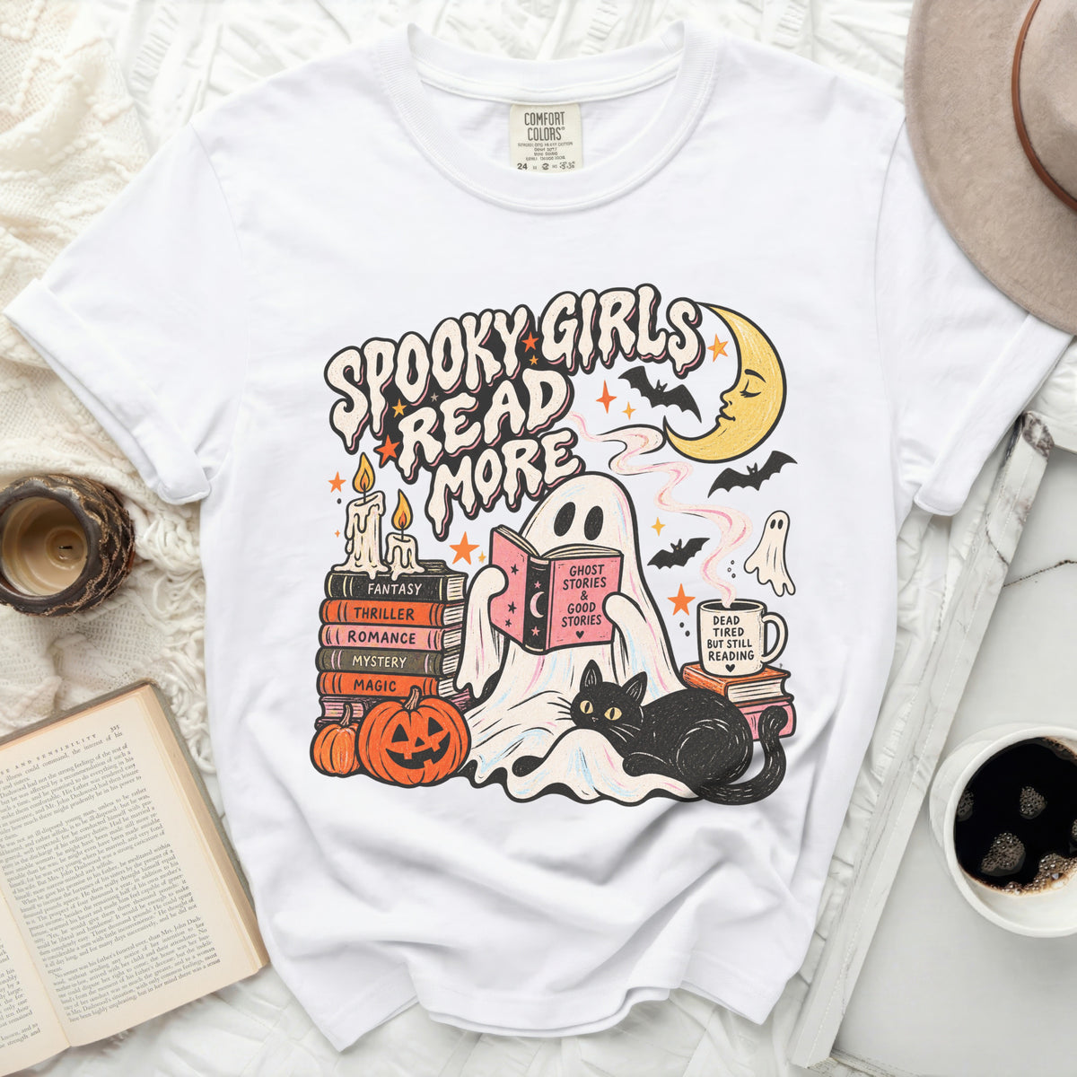 White Comfort Colors shirt with "Spooky Girls Read More" Halloween graphic.
