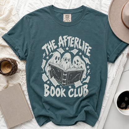 Teal t-shirt with "The Afterlife Book Club" graphic featuring ghosts reading.