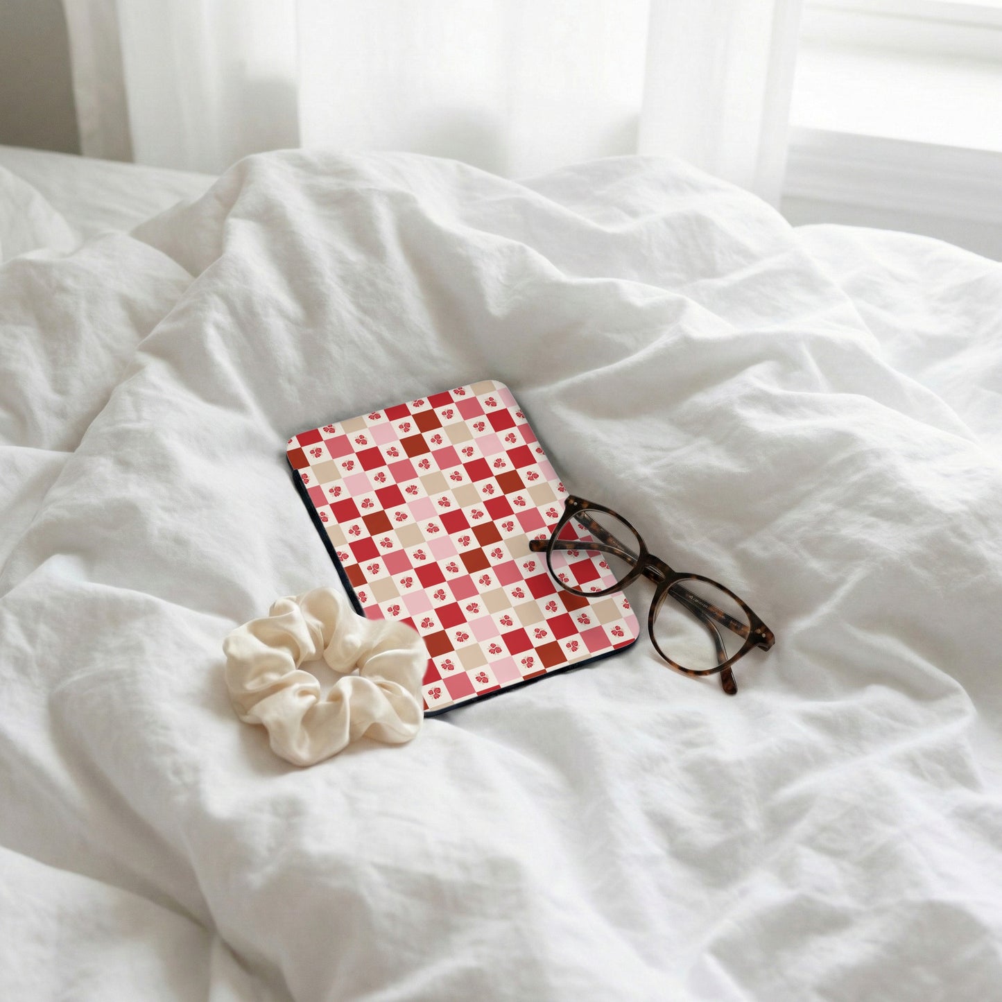 Red Checkered iPad Case with Small Flower Details